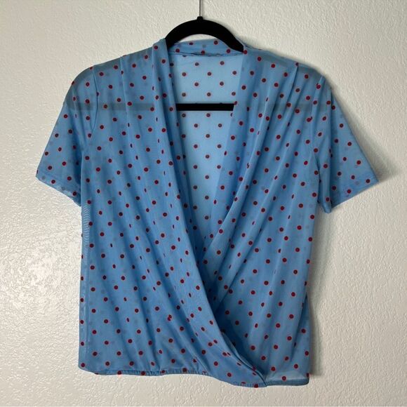 ZARA TRAFALUC baby blue red polka dot semi sheer mesh retro top S B18 - Picture 3 of 9